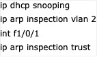 Text Box: ip dhcp snooping ip arp inspection vlan 2 int f1/0/1 ip arp inspection trust 